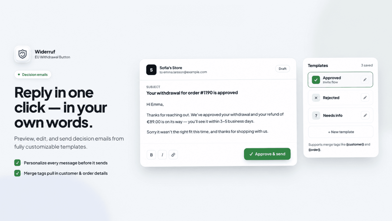 Decision email editor with approved, rejected and needs-info templates