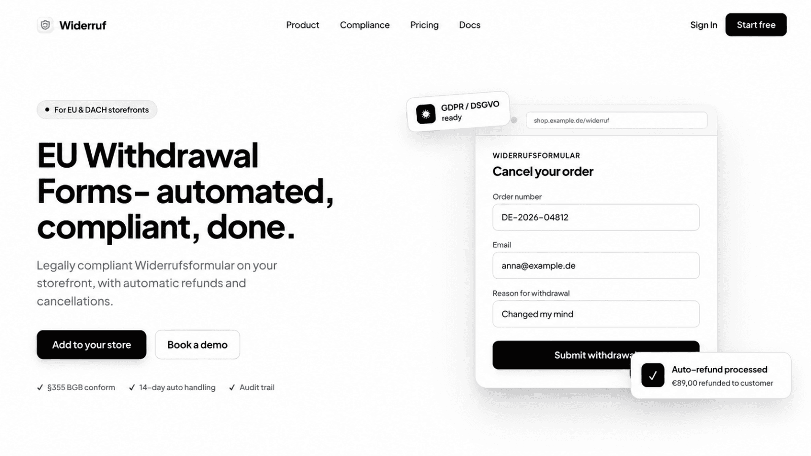 Storefront withdrawal page with the Widerrufsformular and an automatic refund confirmation